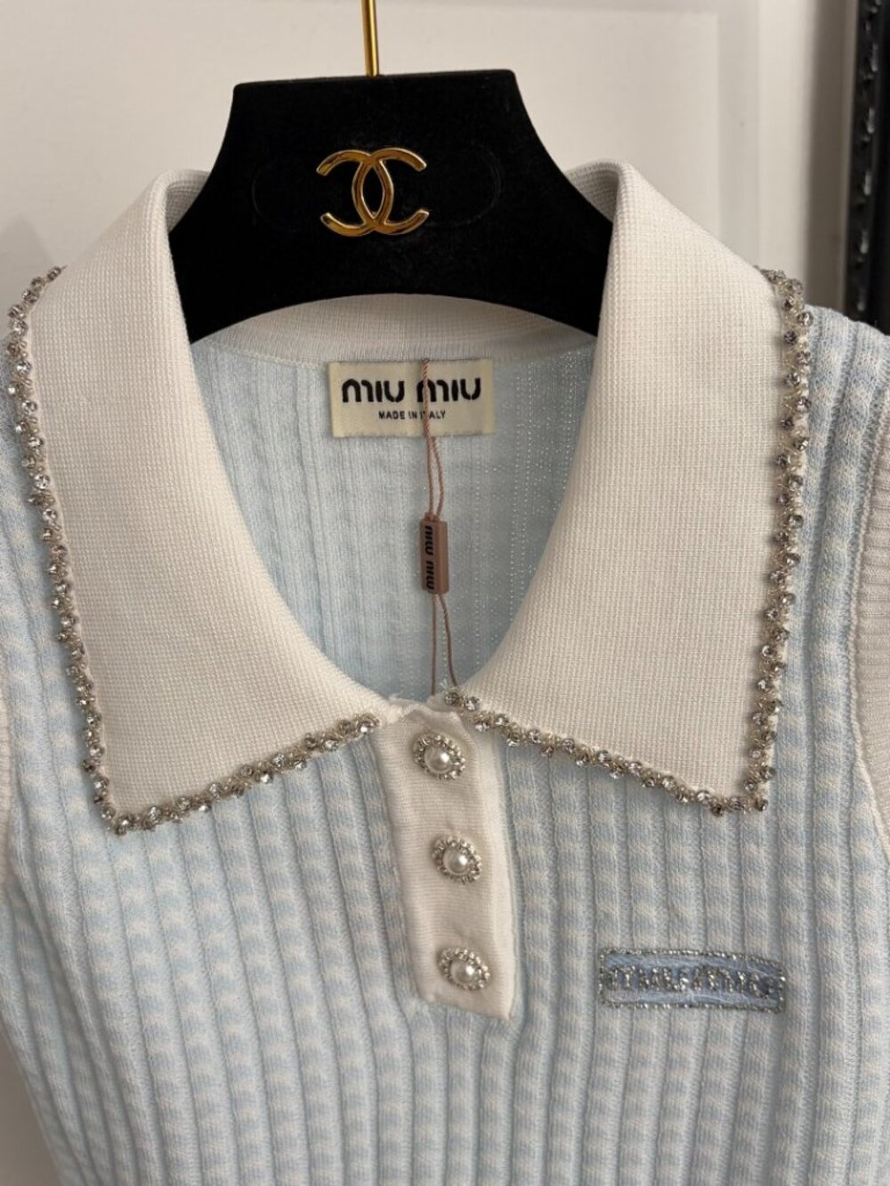 Miu Miu Light Blue Diamond-Embellished Collared Knit Tank Top - Picture 2 of 9